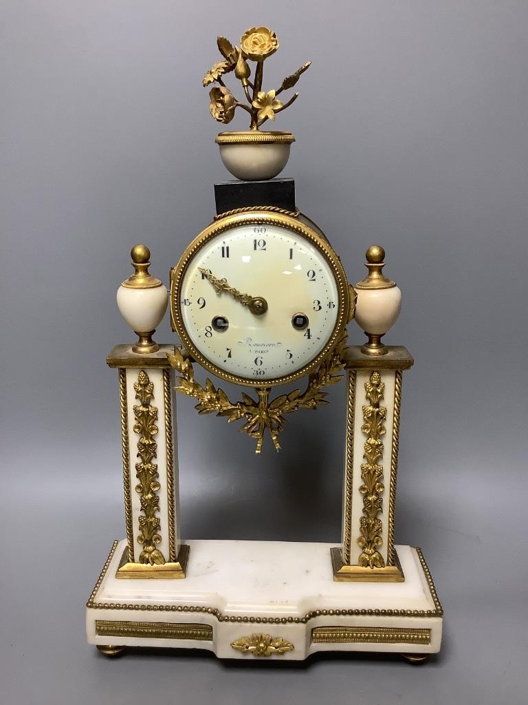 A French ormolu mounted and white marble clock garniture, c.1900, height 40cm